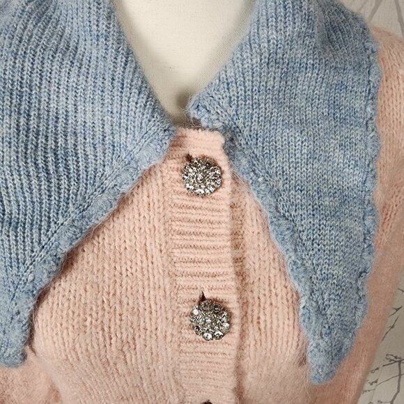 Zara Pastel Pink Contrast Collar Cropped Cardigan w/ Jewel Buttons - Picture 2 of 6